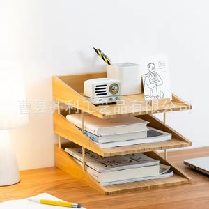 Office Organizer Bamboo Desk <b>Storage</b> Rack 3 Tier Horizontal <b>File</b> Tray Freestanding Document Organizer for Home Office - Product Image 3