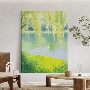 Pintura al Óleo Pintada a Mano, Paisaje Primaveral con Cisnes y Sauce, Estilo Impresionista, Arte para Pared de Sala de Estar, Sin Marco, 100% Hecho a Mano - Product Image 1