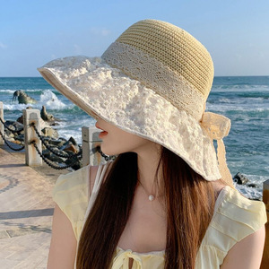 Sombrero de Paja Xi Boyu con Ala Ancha, Adorno de Encaje con Margaritas, Color Caqui con Bloques de Color, Plegable, Protección Solar para Vacaciones en la Playa - Product Image 4