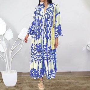 IStapromo Gifts Maxi <b>Dress</b> V-Neck Lantern Sleeve Geometric Print Loose Fit Summer Casual Woven Fabric Asymmetric Hem - Product Image 5