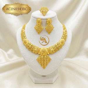 Designer 24K Gold Plated Geometric African Jewelry Set for Women <b>Statement</b> <b>Necklace</b> with Earrings & Ring Fashion - Product Image 1