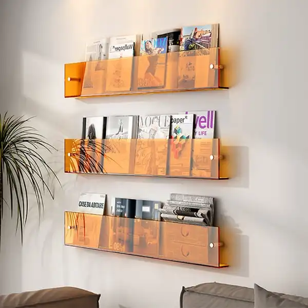 Modernes orangees Wandschmuck Magazin Zeitungsregal Acryl wandmontierte Bücherregale mit Schraube