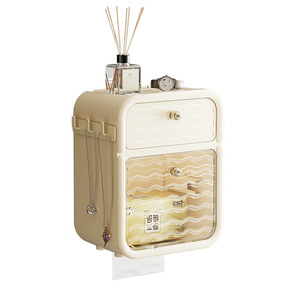 Wall Mounted Toilet <b>Paper</b> Holder Cream <b>Color</b> Rectangular With Drawer And Hooks For Bathroom Storage - Product Image 5