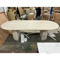 Table à manger ovale en marbre moderne de luxe, base semi-ronde, en travertin naturel, décoration intérieure