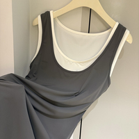 Robe Courte Élégante Sans Manches Amincissante pour Femme, Style Patchwork, Idéale pour le Bureau et la Ville