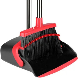 Extenclean Long Handle Stand Up Self-Cleaning Broom And Dustpan Set With Dustpan Teeth