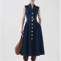 Robe maxi en denim sans manches à fleurs, style décontracté chic, style urbain, nouvelle collection 2025, écologique, avec col rabattu et ceinture à la taille