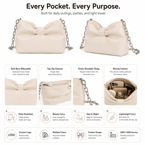 Sac à bandoulière pour femme avec logo personnalisé, nœud papillon, en cuir PU souple blanc crème, sac à chaîne, sac à main froncé sous <span class=keywords><strong>le</strong></span> bras, vente en gros - Product Image 2