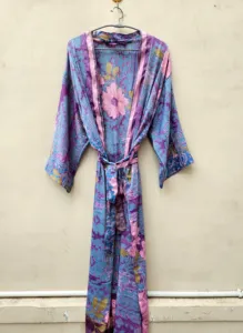 Vestido Kimono Largo de Seda India Vintage con Estampado Floral, Transpirable y Suave, Estilo Hippie Bohemio para Mujer, con Cintura Elástica - Product Image 2