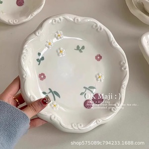 Platos de cerámica con forma irregular, diseño de flores, plato bajo para postres, desayunos, fiestas y uso doméstico. - Product Image 5