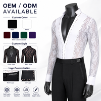 Chemise de danse latine/de salon pour homme à manches longues, en fibre de polyester antibactérienne, avec dentelle ornée de strass et empiècements multicolores