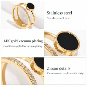 Double Band <b>Ring</b> <b>Stainless</b> <b>Steel</b> 14K Gold Vacuum Plated Zircon double band with black round focal insert and clear zircon row - Product Image 2