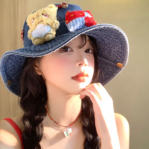Lindo Sombrero de Pescador de Mezclilla con Lazo de Oso para Mujer, de Ala Ancha, Protección Solar, a la Moda, para Verano - Product Image 4
