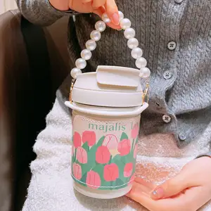 Spring Style 450ml Tulip Design Gift Customized Water Bottle Coffee Milk Tea Mug Stainless Steel Tumbler with Pearl Rope and Lid