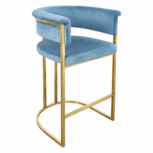 Taburete de Bar Moderno de Terciopelo Azul con Estructura Metálica Dorada y Respaldo Curvo, Envío en EE. UU. - Product Image 1