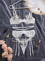 Ensemble de lingerie de mariée de luxe blanc, broderie florale, soutien-gorge, culotte, jarretière, sans armatures, maille, taille basse, bretelles réglables, léger