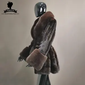 Manteau en fourrure de vison véritable peau entière manches en fourrure de renard avec veste d'hiver à capuche et fourrure Blet pour femmes manteau chaud élégant et élégant