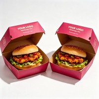 Boîte à hamburger rose personnalisée avec logo, emballage alimentaire recyclable, avec laminage mat pour les restaurants de restauration rapide à emporter