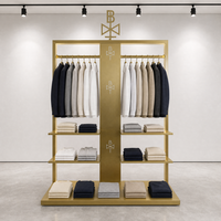 Présentoir de vêtements double face en or brossé, colonne logo îlot, étagère en bois personnalisable