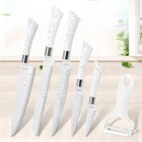 Nouvel ensemble de 6 couteaux de cuisine en marbre blanc, revêtement antiadhésif en granit, acier inoxydable, sans BPA, manches ergonomiques, coffret cadeau de luxe