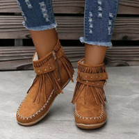 Bottines Chelsea en daim à lacets et à franges pour femmes, hauteur de la cheville, semelle plate, avec des caractéristiques douces imprimées, fermeture à enfiler