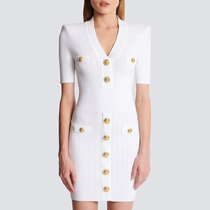 KD2221 Abito <span class=keywords><strong>Estivo</strong></span> Elegante di Alta Qualità con Scollo a V, Maglione Lavorato a Maglia, Bottoni a Rivetto e Maniche Corte per Donna - Product Image 1