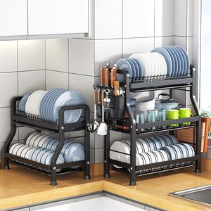 Modern Eco Friendly Double Tier Carbon Steel Metal Multifunction <b>Kitchen</b> Sink <b>Rack</b> Dish Drying Chopsticks Cleaning Tools <b>Storage</b> - Product Image 5