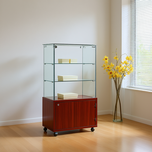 Vitrina moderna de cristal de 60x40x130cm con base de madera de cerezo, puerta con cerradura y ruedas, unidad de exhibición para sala de estar - Product Image 3