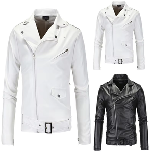 Blouson de motard asymétrique <span class=keywords><strong>en</strong></span> similicuir pour <span class=keywords><strong>homme</strong></span> avec fermeture éclair, col à revers et ceinture, <span class=keywords><strong>en</strong></span> <span class=keywords><strong>cuir</strong></span> PU, coupe ajustée, streetwear, 4 couleurs, vente <span class=keywords><strong>en</strong></span> gros - Product Image 1