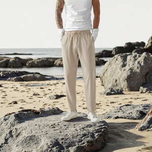 <b>Men</b> Navy Blue Cotton Oxford Casual Pants Elastic Waist Drawstring Straight Fit Lightweight Summer Trousers - Product Image 3