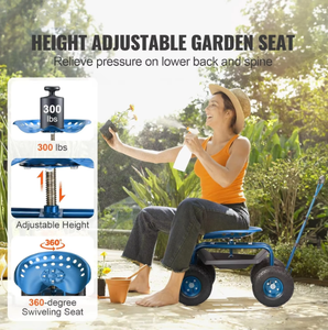 Steel Rolling Garden Work Seat <strong>with</strong> <strong>Wheels</strong> 360 Degree Swivel Steering Handle Tool Tray Outdoor Patio Yard - Product Image 2