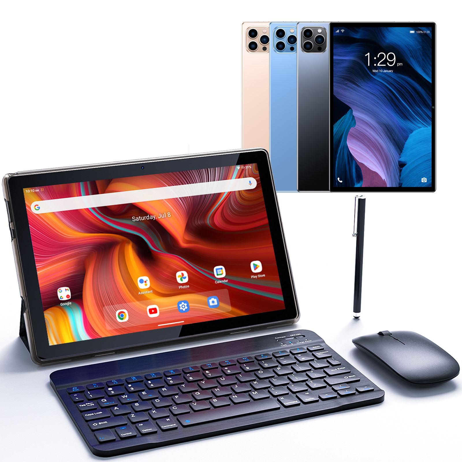 Tableta negra con teclado, ratón y lápiz.