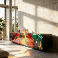 Support TV à motif abstrait fluide et coloré, cadre en fibre de verre, corps arrondi noir pour un espace de vie moderne et artistique