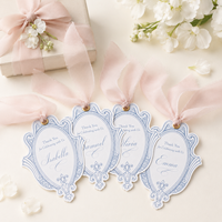 Étiquettes personnalisées découpées sur mesure en papier fantaisie pour mariage, cadre vintage, ruban en mousseline, œillet doré, estampage à chaud, noms personnalisés