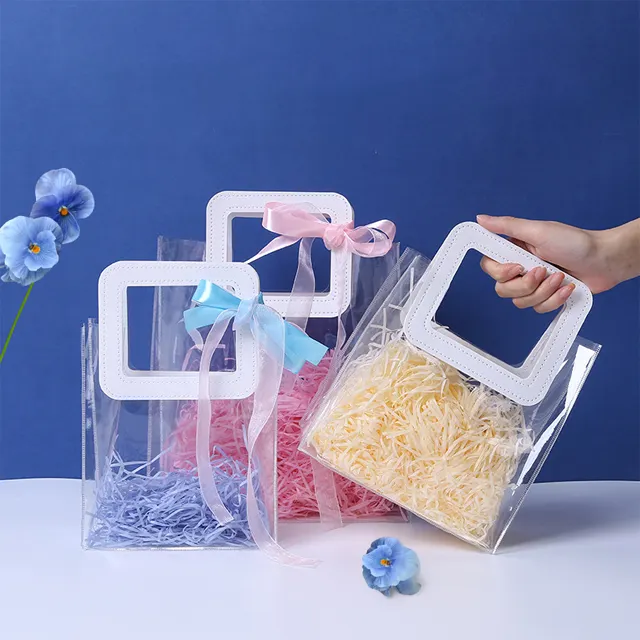 Sac fourre-tout cadeau en pvc transparent emballage étanche pour bouquet de fleurs sacs en plastique personnalisés pour l'emballage