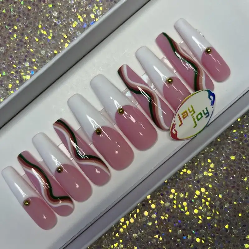 JAYJOY French Gel Polish Acrylic Press On Nails Hand Paint Free Shipping Shinny Bling Artificial Fingernails