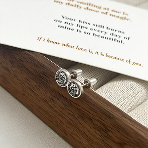 S925 Sterling <b>Silver</b> Round <b>Stud</b> Earrings With Tibetan Character Design For Everyday Wear - Product Image 2