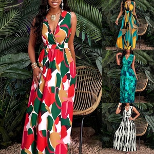 Abito lungo estivo da donna pronto per la spedizione, con stampa tropicale, taglie forti, scollo a V, senza maniche, vita alta, vestibilità slim, elegante per le vacanze - Product Image 4
