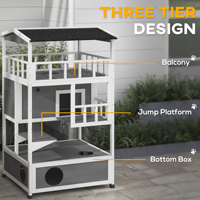 Nichoir extérieur haut de gamme en bois imperméable pour chats, avec toit, trapes d'évasion et plateformes de jeu, finition grise, style tendance, pour toutes les petites races