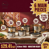 Set Peralatan Masak Stainless Steel 6 Buah Gagang Emas Panci Susu Panci Saus Wajan Penggorengan Siap Pakai Induksi untuk Dapur Rumah Chef