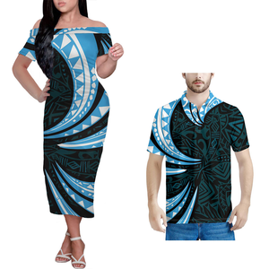 Tenue de couple polynésienne imprimé hawaïen vintage élégante chemise décontractée blanche et rouge sans bretelles ensemble de 2 pièces pour femmes et hommes - Product Image 3