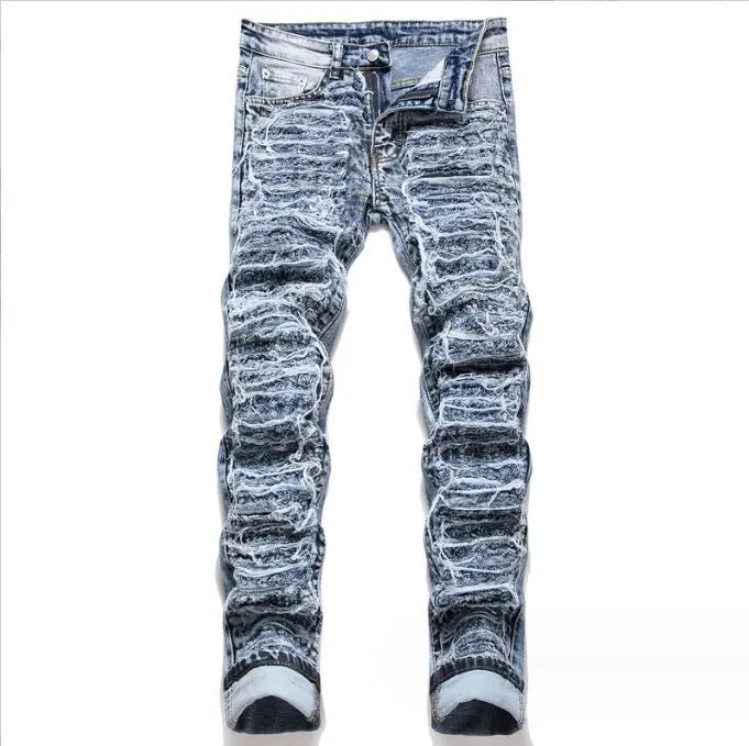Heavyweight Raw Hem Distressed Spiderweb Denim Jeans Custom Flare Stacked Ripped Men Jean
