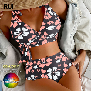 RUIQUWIN Nouveauté Ensemble Bikini 2 Pièces Femme Personnalisé Col V Tankini Floral Taille Haute String Respirant Séchage Rapide Écologique - Product Image 1