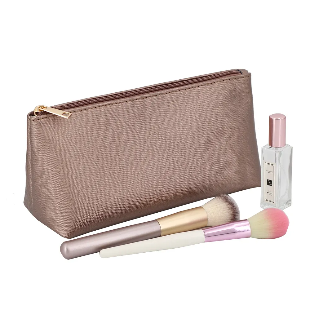 Bolsa de cosméticos ecológica, bolsa de cosméticos de bronze eco-amigável, alta qualidade, couro vegan, saco de higiene pessoal, logotipo personalizado