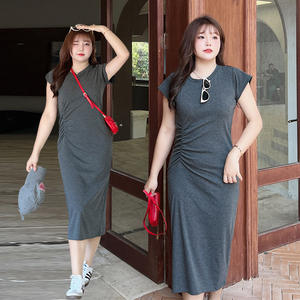 Robe T-shirt unie Runqi N8685, longueur au-dessus du genou, grande taille, manches courtes, col rond, décontractée, respirante, pour usage quotidien - Product Image 1