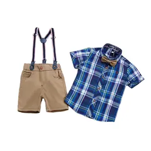 Conjunto de roupa infantil, camisa xadrez com macacão, formal 2-8 anos