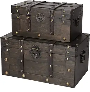 Wooden Chest - Set of 2 | Decorative Storage Trunk with Lid (Rustic Brown) | Antique Wood Chest
