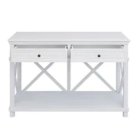 Table console blanche de ferme avec 2 tiroirs et étagère inférieure, table d'entrée à cadre en X pour salon et couloir