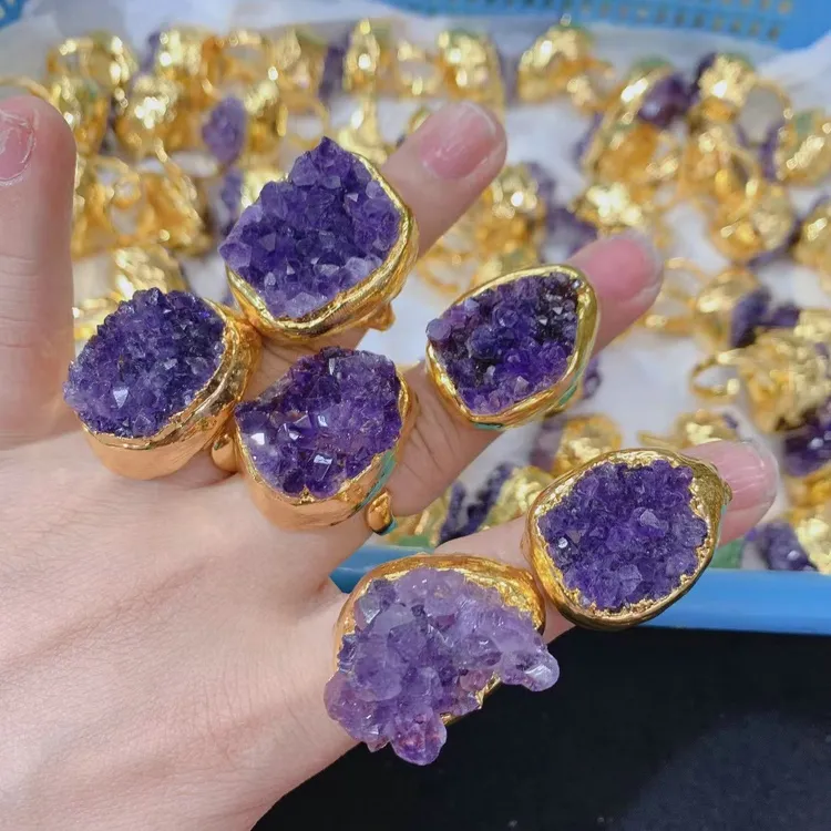 Cincin Jari Amethyst Alami Warna Perunggu Bahan Kuningan Druzy Cincin Tangan Batu Kuarsa Alami Perhiasan Cincin Tangan untuk Wanita