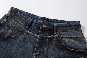 Shorts en jean épais pour <span class=keywords><strong>homme</strong></span> avec déchirures irrégulières, bords bruts, design œil de chat et patchs délavés à la pierre - Product Image 5